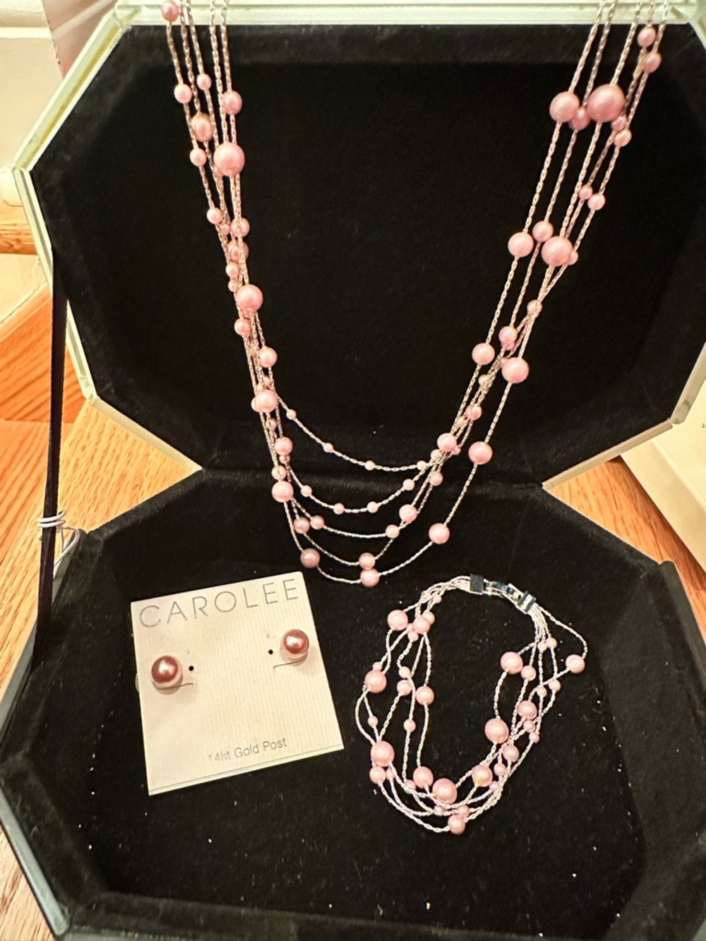 Carolee Pink Multi-Strand Pearl Necklace, Bracelet & Studs Set